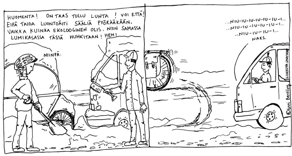 Liikkuvan Laatikon kuukauden sarjakuva, maaliskuu 2013. Piirtäjä: Enni Bertling